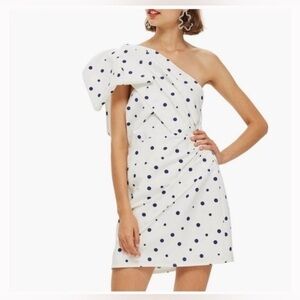 Topshop Dress One Shoulder Embossed Floral Polka Dot Print Blue White Size US 8